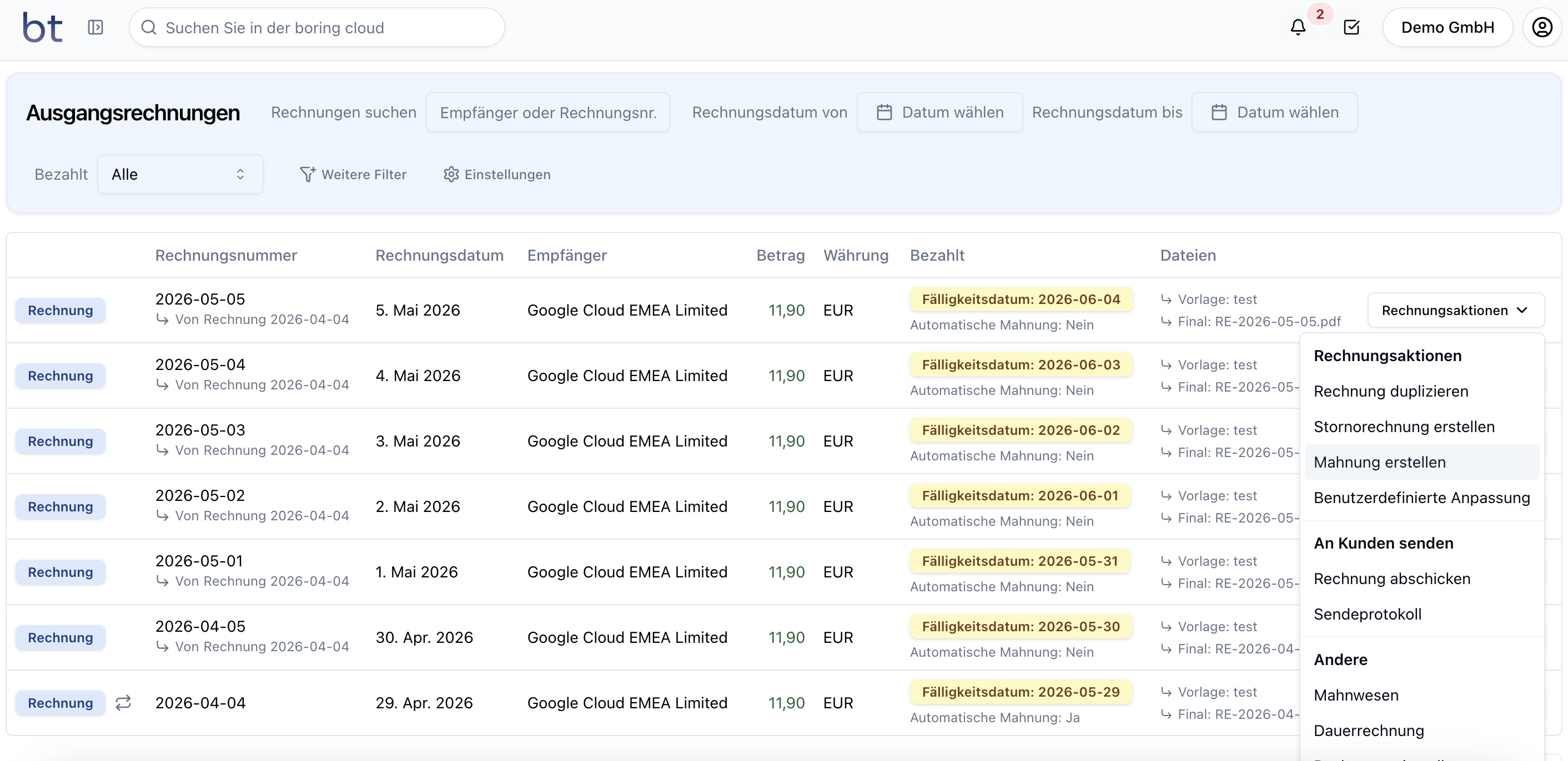 Invoice Management UI in boring.tax